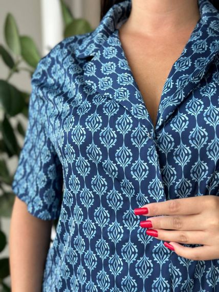 Шовкова синя сорочка на ґудзиках для дому PLUS SIZE | Зображення 6
