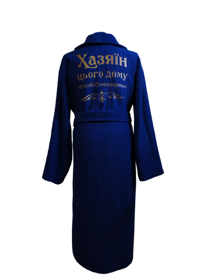 Халат мужской махровый натуральный синий c именной вышивкой 58 (01409)