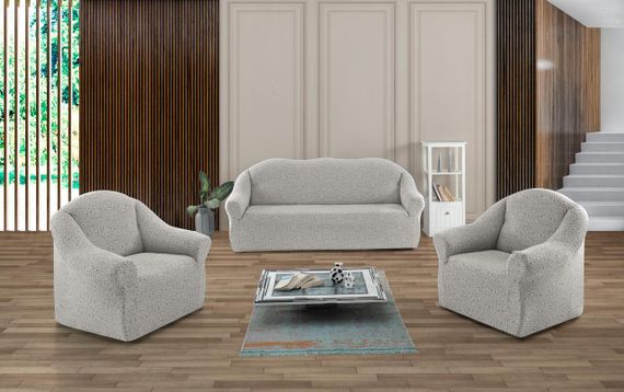 Жаккардовый чехол на диван + 2 кресла Stone без юбки кремово-серый