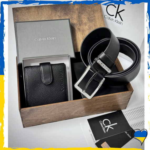 Чоловічий подарунковий набір ремінь і портмоне у дерев'яній коробці Calvin Klein натуральна шкіра