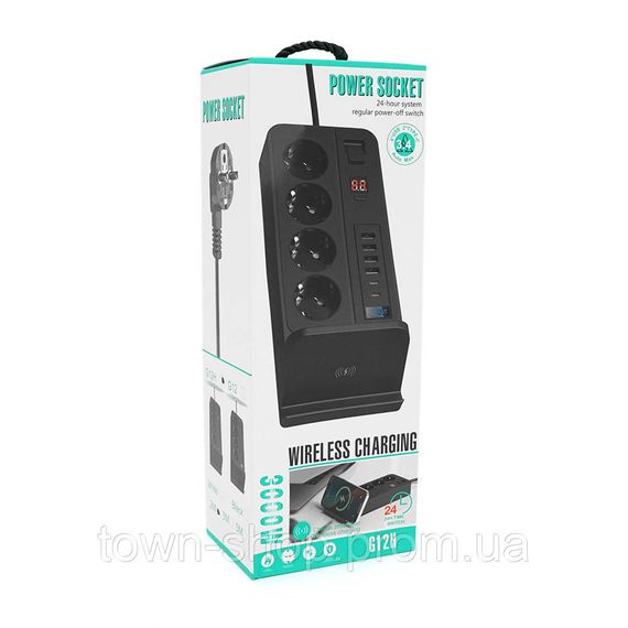 Сетевой фильтр G12H, 4 Socket + 4 USB 3,2А + 2 Type-C + беспроводная зарядка + таймер, 2м, Black, Box | Зображення 1