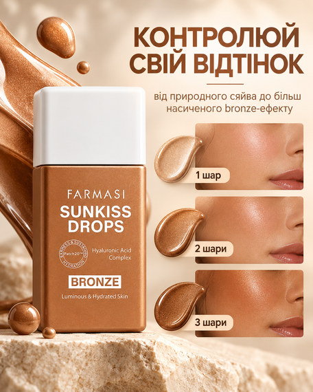 Бронзуючі краплі — сироватка для сяйва обличчя Farmasi Sunkiss Drops 30 мл | Зображення 1