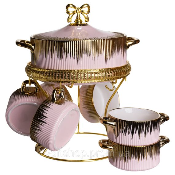 Суповий сервіз на 6 персон супниця 2 (л) на підставці з бульйонницями 400 (мл) тарілки для супу Рожевий з золотом FM-A23-5 | Зображення 3