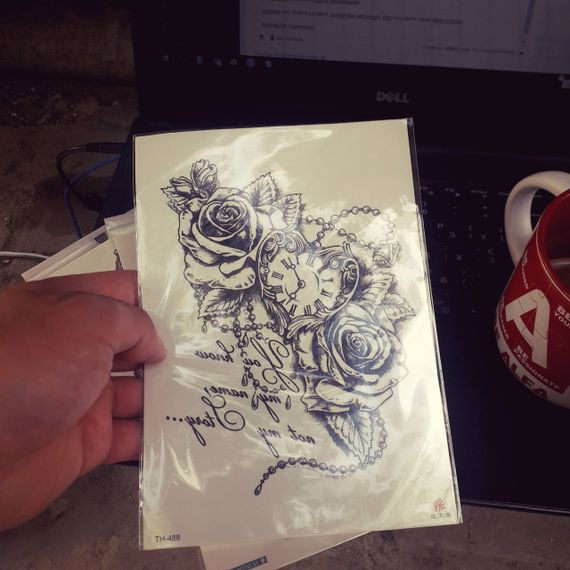 Тату tattoo тимчасове тату наклейка на тіло одноразова троянда та годинник | Зображення 1