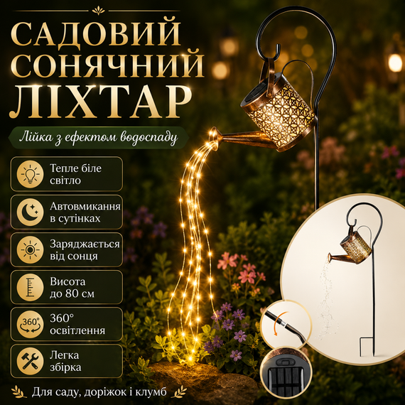 Садовий світильник-лійка, глечик, чайник на сонячній батареї, кована лампа 80 см, світлодіодна.