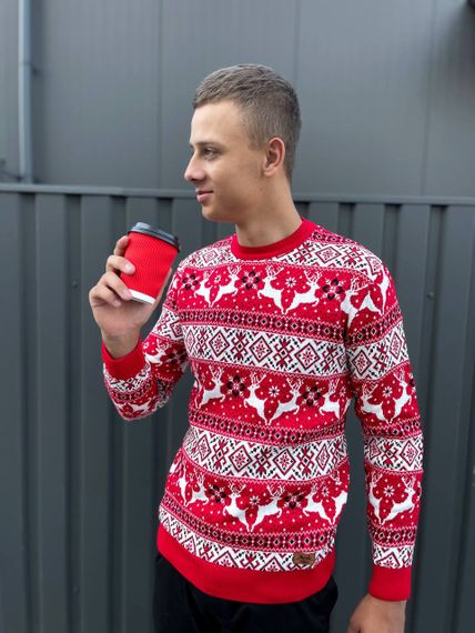 Мужской новогодний свитер с оленями низкий воротник PA2658 цвет красный, размер L | Зображення 1