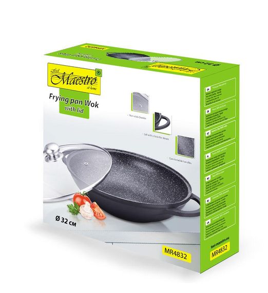 Сковорода Wok антипригарна Maestro 32 см MR-4832 глибока зі скляною кришкою для всіх плит | Зображення 6