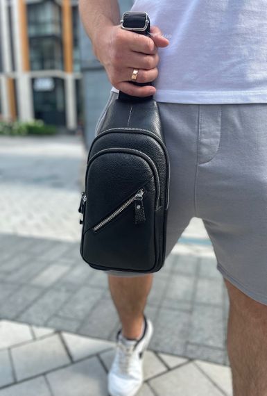 Чоловічий слінг сумка через плече шкіряна чорна Tiding Bag 33737 | Зображення 9