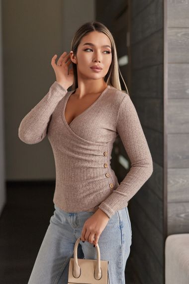 Женская трикотажная кофта в рубчик на запах с V-образным вырезом цвет мокко, размер 42/44 GF8777
