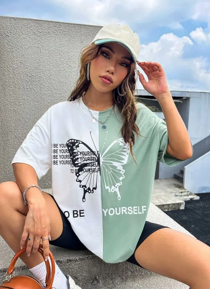 Женская двухцветная трикотажная футболка Бабочка GF05215 размер 46/48, цвет фисташковый + белый