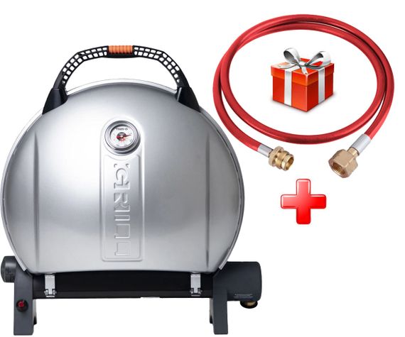 КОМПЛЕКТ Портативний переносний газовий гриль O-GRILL 900, срібло + шланг в подарунок! Код: 013373