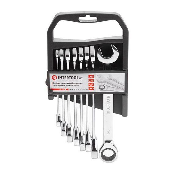 Набір ключів комбінованих, з тріскачкою, 8 шт., 8-19 мм, Cr-V, професійний, DIN3113 INTERTOOL XT-1303