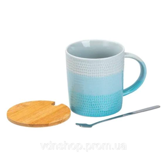 Чашка с бамбуковой крышкой и ложкой фарфоровая 350 мл Голубой HP7201LB | Зображення 2