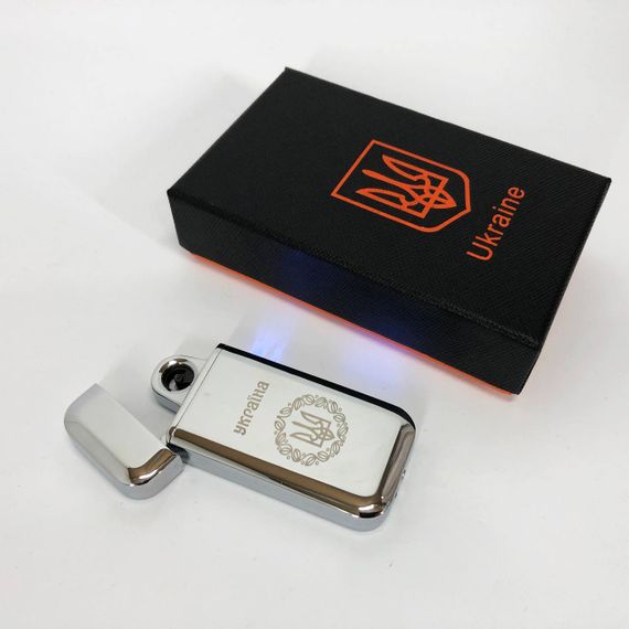 Дугова електроімпульсна запальничка USB Герб України (індикатор заряду, ліхтарик) HL-442. GZ-749 Колір: срібло | Зображення 1