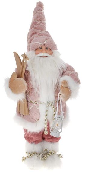 Интерьерная новогодняя фигурка Santa с лыжами 45см розовый с белым