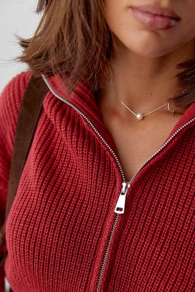 Короткий в'язаний кардиган на блискавці - темно-червоний цвет, ONE SIZE (є розміри) | Зображення 3
