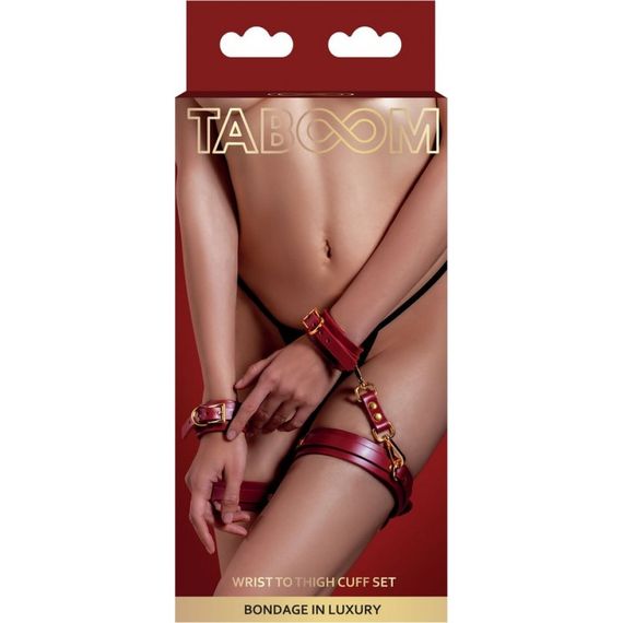Фіксатори на стегна з наручниками та карабінами Taboom, червоні, із золотистою фурнітурою Sex Aura | Зображення 3