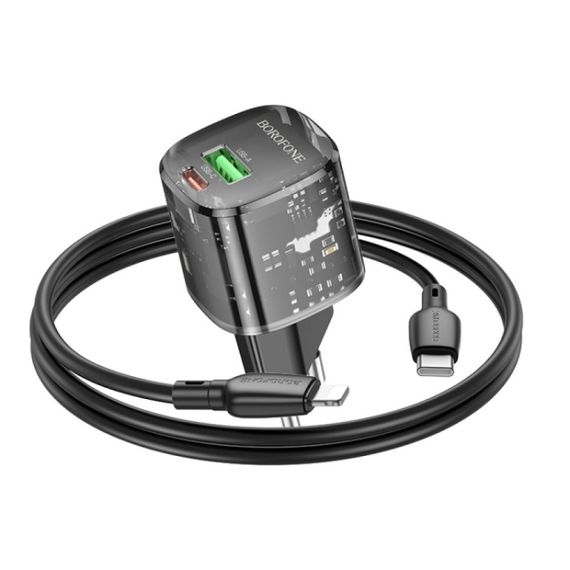 МЗП Borofone BN17 Sunlight PD20W+QC3.0 (1USB-A/1C) + кабель Type-C to Lightning Transparent black | Зображення 4