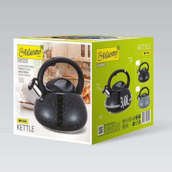 Чайник 3 л Maestro MR‑1316-BLACK з нержавіючої сталі зі свистком для всіх типів плит | Зображення 3