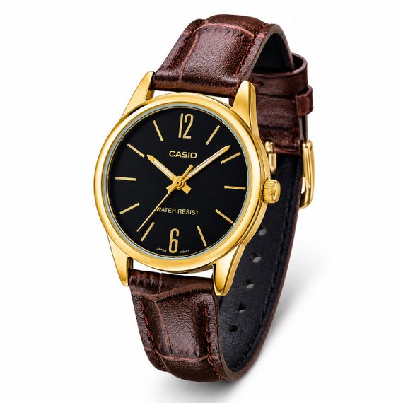 Жіночий годинник Casio LTP-V005GL-1B з шкіряним ремінцем та золотистим корпусом