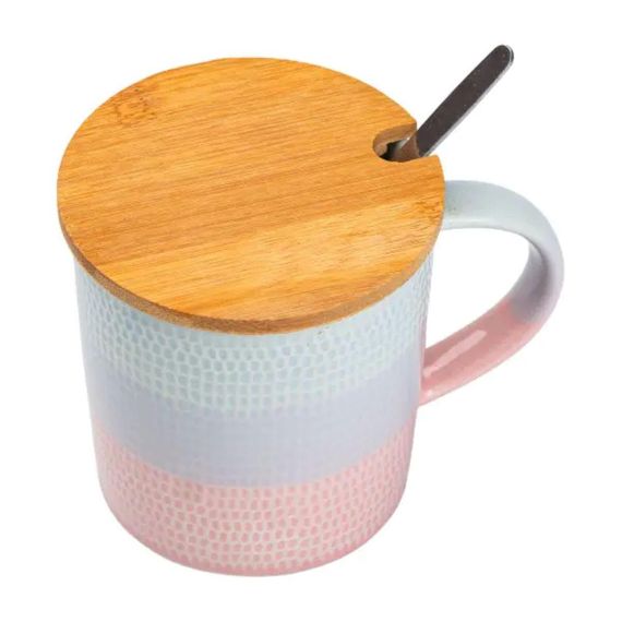 Чашка с бамбуковой крышкой и ложкой фарфоровая 350 мл Розовый HP7201P | Зображення 3