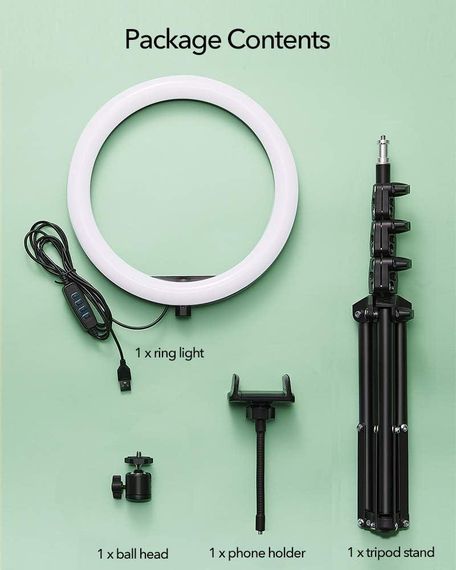 Кільцева LED лампа ESR 10", 25см з триногою та тримачем для телефону, світло для відео стрімінгу, фото макіяжу | Зображення 2