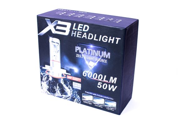 Комплект світлодіодних ламп AllLight X3 H7 50W 6000K 6000lm з радіатором та світлофільтрами (3000K/8000K) 12-24V | Зображення 1