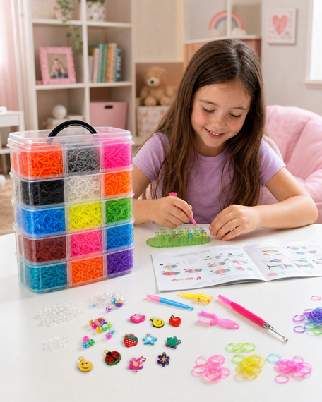Набір гумок для плетіння браслетів 15000 шт Loom Bands, мега набір 5 ярусів у кейсі-вежі з верстатом, гачками та намистинами | Зображення 3