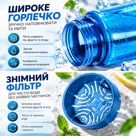 Бутылка для воды KANGZYUAN 500 мл голубая спортивная из тритана Tritan без BPA ударопрочная с герметичной крышкой | Зображення 1