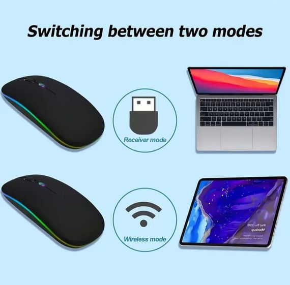 Бездротова мишка з RGB-підсвіткою на батарейках, роздільна здатність 1600DP, Bluetooth 5.2 і WiFi 2.4 GHz | Зображення 8