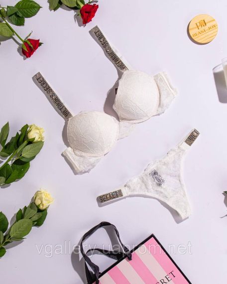 Мереживний комплект зі стірнгами Victoria`s Secret зі стразами  Вікторія Сікрет - Мереживо -  75C(34C) - Білий | Зображення 2