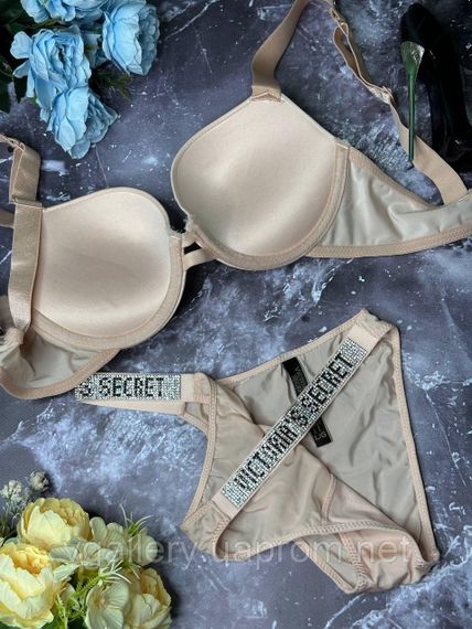 Комплект Вікторія Сикрет зі стразами та Пуш-Ап, подарунковий комплект Victoria`s Secret.Бразиліана, Бежевий, 80B | Зображення 3
