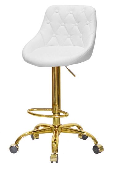 Високий стілець на золотій хрестовині з колесами Foro Button BAR GD-Office з регулюванням висоти, м'яке сидіння шкірозамінник білий