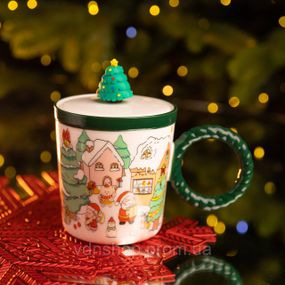 Чашка порцелянова з кришкою Ялинка 400 (мл) Зелена Yiwu FM-CS-36B