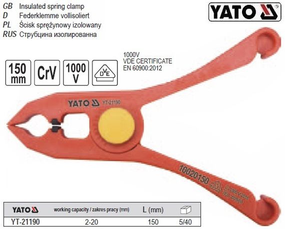 Струбцина прищепка изолированная YATO Польша l=150 мм 2-20 мм VDE 1000В YT-21190