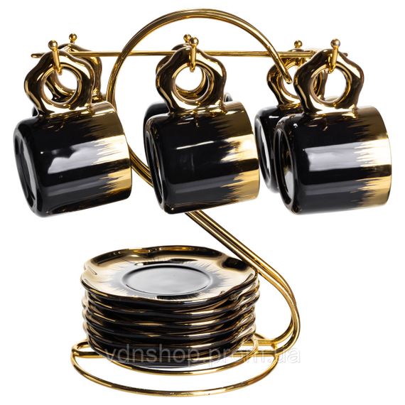 Набор чашек для кофе на металлической подставке 6 (шт) по 100 (мл) Черный с золотом FM-47 | Зображення 3