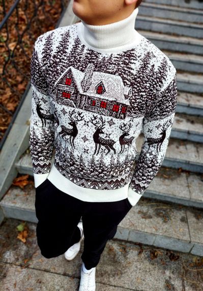 Мужской новогодний свитер Олени домик PA0001 цвет белый, размер XL | Зображення 1