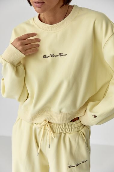 Спортивний костюм із плюшевим начісом з коротким світшотом та штанами палаццо - лимонний цвет, M/L (є розміри) | Зображення 3