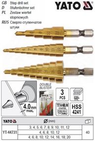 Свердла конічні титанові по металу HEX-1/4", HSS, для отворів Ø=3-12 мм, 4-12 мм, 4-20мм; 3 шт YATO-44731
