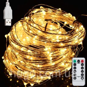 Гирлянда "Роса" от USB 20м 200LED + пульт ДУ, Теплый  / LED гирлянда нить комнатная капля росы