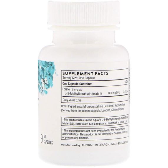 Метилфолат, 5-MTHF, Thorne, 5 мг, 60 капсул | Зображення 1