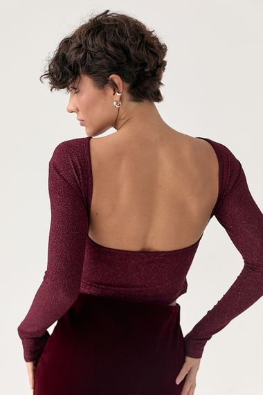 Лонгслів із люрексу з оголеною спиною - бордо цвет, M (є розміри) | Зображення 1