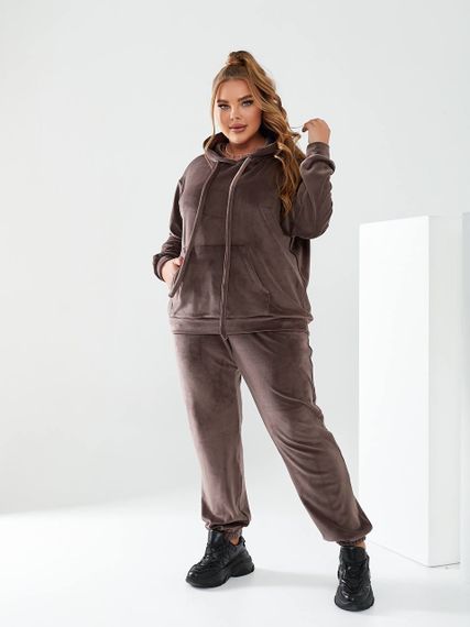 Женский велюровый спортивный костюм худи и штаны, большие размеры и батал, SS160 цвет коричневый, размер 56/60