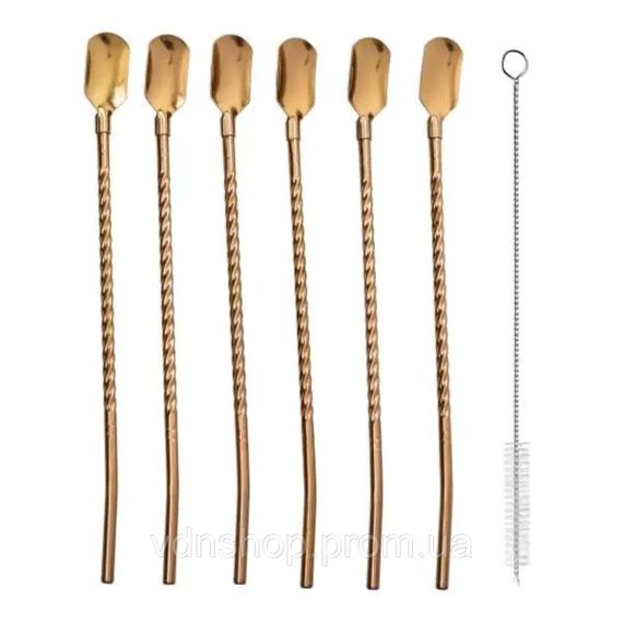 Набор многоразовых ложек-трубочек 6 шт для напитков 22 см с щеткой для мытья из нержавеющей стали Бронзовый HP-20-20