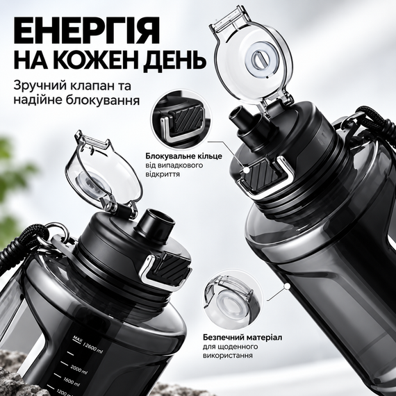 Пляшка для води NRMEI 2600 мл з Тритану: Спортивна, Герметична, з Ручкою та Ремінцем, Чорна | Зображення 2