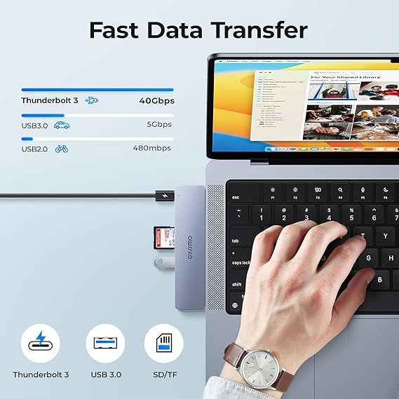 Адаптер GIISSMO MacBook, концентратор USB C с Thunderbolt 3, 4K HDMI, 3 порта USB-A, устройство чтения карт SD/TF, аксессуары для MacBook USB-адаптер, совместимый с MacBook Pro M1 2020-2016, MacBook Air 2020 2019 2018 (model 4704) | Зображення 4