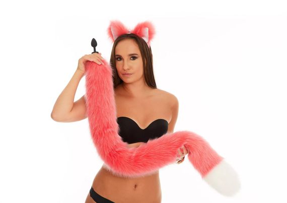 Анальний хутряний хвіст без пробки, Яскраво-рожевий з білим кінчиком, OKOVA 100 см. Sex Aura | Зображення 2