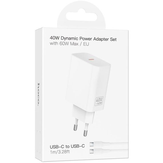 МЗП Hoco C162A Source PD40W (1USB-C) + кабель Type-C to Type-C White | Зображення 1