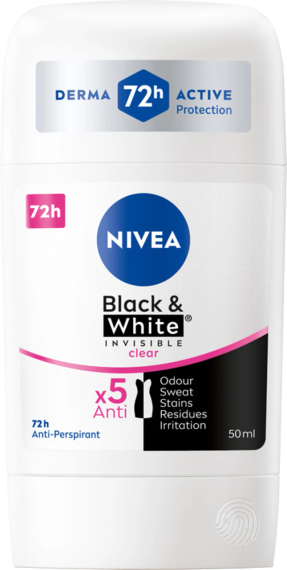 NIVEA Black & White Invisible Антиперспірант-стік, Clear 72 години, 50 мл