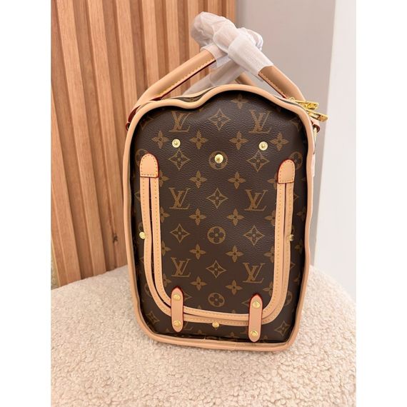 Брендовая сумка-переноска для собак и кошек Louis Vuitton с бежевыми ручками и железной сеточкой, коричневая | Зображення 2